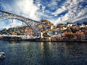 Boats, River, Town, Portugal, Porto, bridge