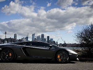 town, Street, panorama, Lamborghini, clouds, Aventador