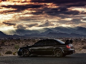 Desert, Town, Subaru Impreza, clouds, WRX STI