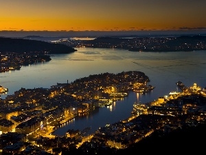 Town, panorama, Bergen, Gulf, Night