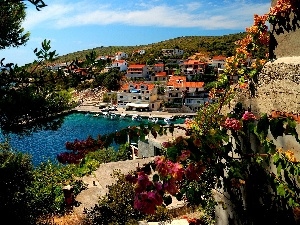 Town, Houses, landscape, Hill, sea