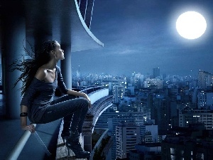 town, panorama, moon, girl