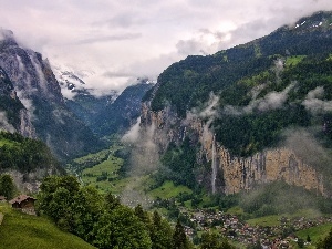 Town, Valley, Mountains, Fog