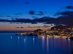 Town, sea, Funchal, Night, Gulf