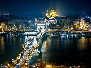 Budapest, town, Danube, Night, River, bridge, Hungary, panorama