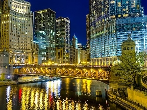 town, panorama, River, Night, bridge