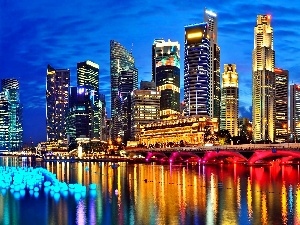 Town, bridge, Singapur, skyscrapers, night, clouds