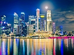 Town, moon, Singapur, skyscrapers, night, clouds