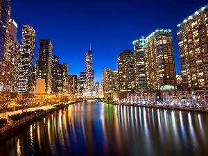 Town, Chicago, skyscraper, Night, River