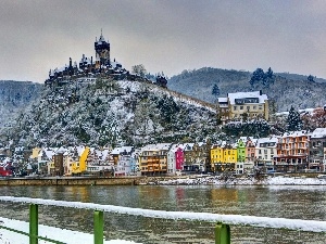 Town, color, Castle, River, Hill