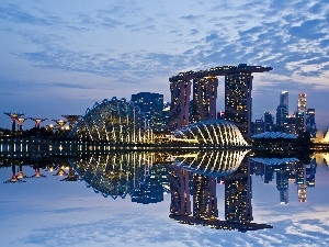 Town, clouds, Singapur, River, skyscrapers