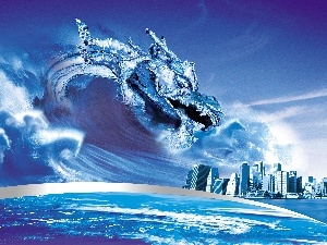 Town, sea, Dragon, Waves, water