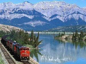 River, Train, Mountains