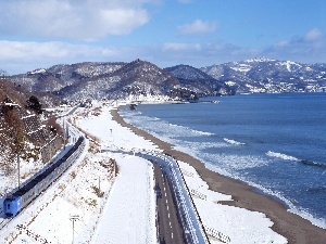 Train, Way, River, winter, Mountains