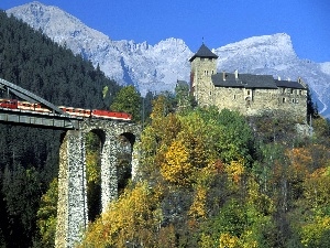Train, bridge, Castle, woods, Mountains