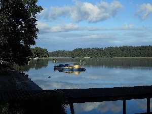 clouds, trees, forest, lake, viewes, Anglers, boats