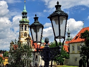 clouds, trees, Lighthouse, Prague, viewes, Church, Houses