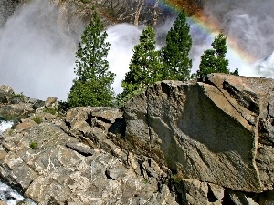 trees, waterfall, rocks, viewes, Great Rainbows