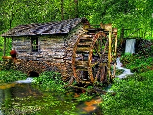 green, trees, mill, Spring, viewes, River, circle
