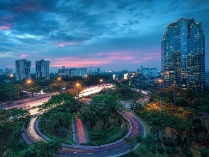 viewes, Jakarta, metropolis, west, Indonesia, skyscrapers, Streets, Sun