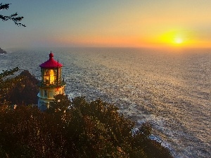Lighthouse, trees, coast, west, viewes, sun, sea