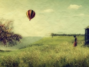 Meadow, trees, Balloon