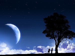 People, trees, moon