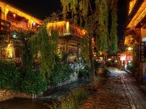 trees, Restaurant, China, Plants, alley