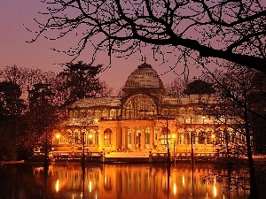 viewes, light, trees, palace, Madrid, Pond - car