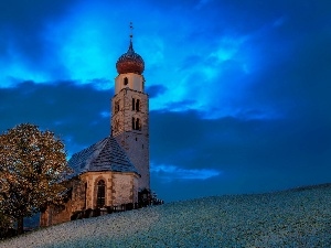 Sky, trees, church