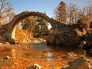 ruin, trees, bridge, River, viewes, Old car, stone