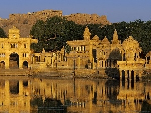 trees, lake, Ancient, viewes, structures