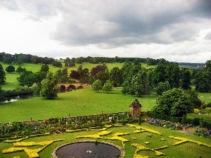 trees, River, bridge, field, viewes, Gardens