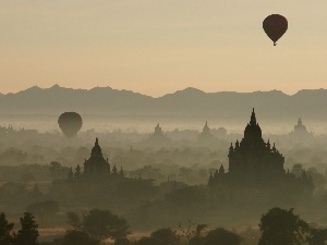 trees, Balloons, buildings, viewes, Fog