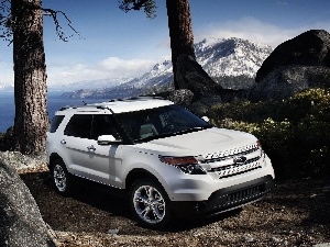 trees, rocks, Ford Explorer, viewes, Mountains