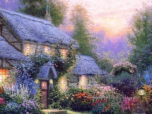 Thomas Kinkade, viewes, trees, house, picture, Garden, Flowers