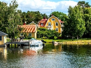 trees, estate, lake, viewes, house