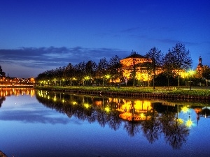 trees, Park, lanterns, Saarbrucken, viewes, River