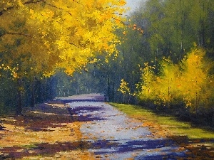 trees, Yellow, picture, viewes, Way