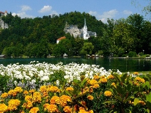trees, Flowers, River, viewes, Castles