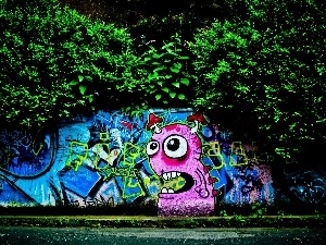 trees, Graffiti, Street, viewes, wall