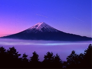 trees, clouds, volcano, viewes, Fuji