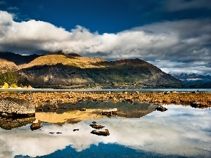 trees, clouds, water, viewes, Sky