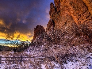 trees, rocks, west, viewes, sun