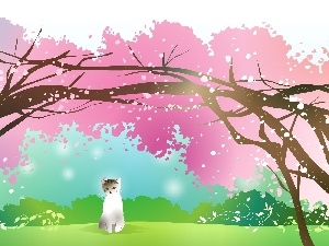 trees, flourishing, White, viewes, cat