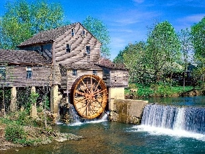 trees, water, Windmill, viewes, cascade