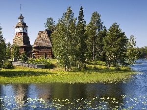 trees, River, wooden, viewes, Church