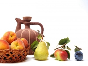 Apple, Truck concrete mixer, basket, plum, peaches