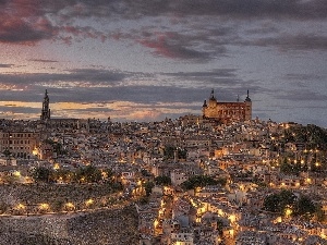 twilight, town, light, Toledo, Spain, panorama
