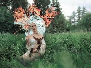 Umbrella, sheep, burning, Women, grass, Blonde